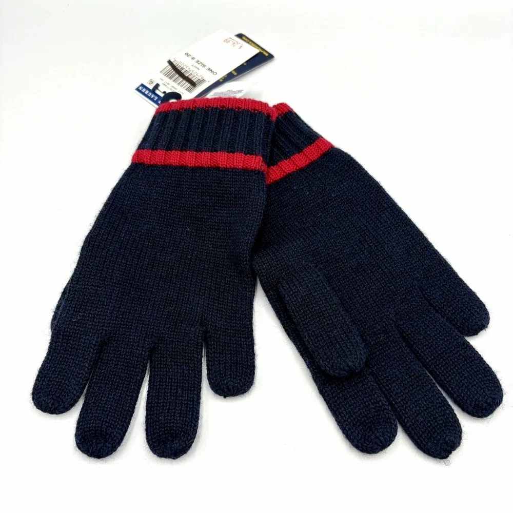 New Polo Ralph Lauren 100% Wool Kid's Gloves Size 8-20 Navy Blue Red